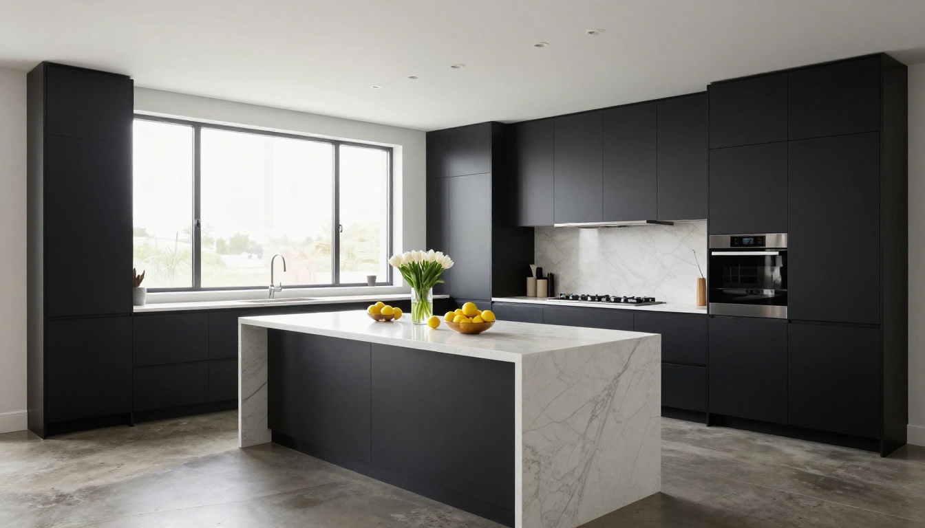 High-end modern kitchen with matte black cabinetry and white quartz island, tilt-shift lens architectural photography, diffused natural daylight
