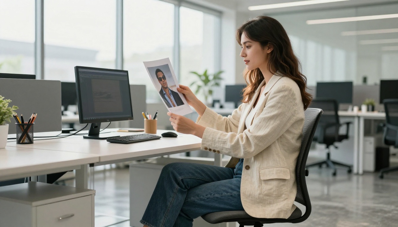 Confident young woman graphic designer examining printed AI-generated photo in bright office Confident young woman graphic designer examining printed AI-generated photo in bright office