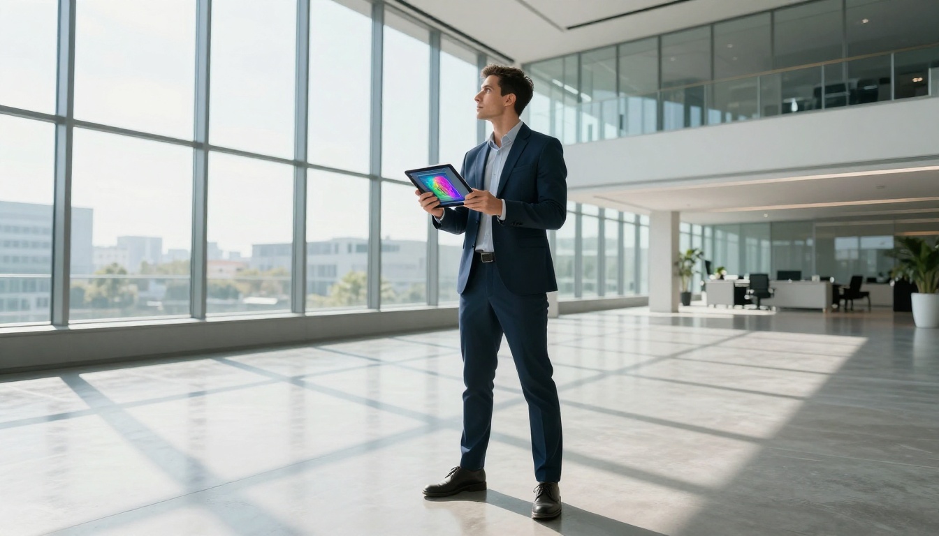 Professional man in lobby holding tablet with AI artwork