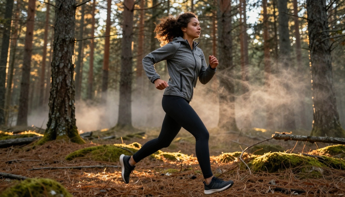 An athletic woman with natural curly dark hair running through a pine forest at golden hour, maintaining consistent appearance