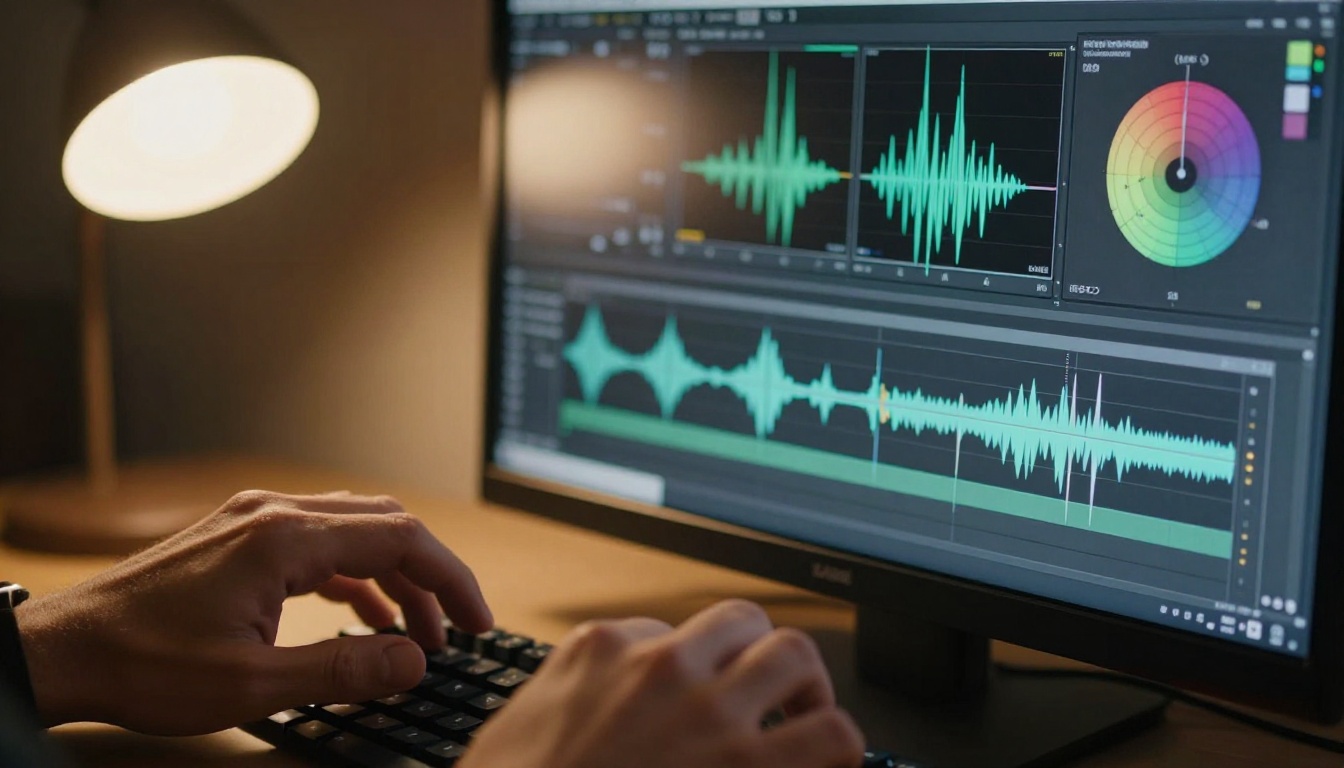 Filmmaker hands studying a video editing timeline on a professional monitor