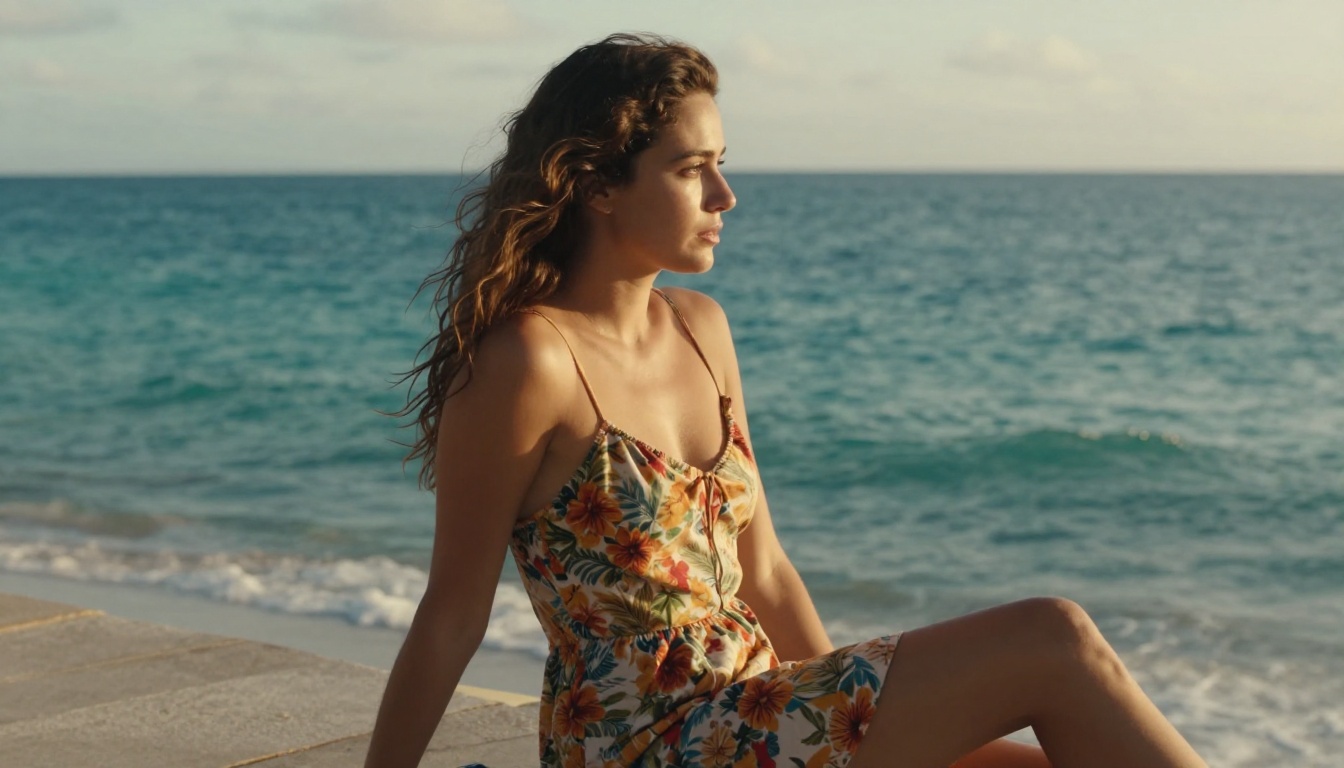 Beautiful woman on tropical terrace at golden hour