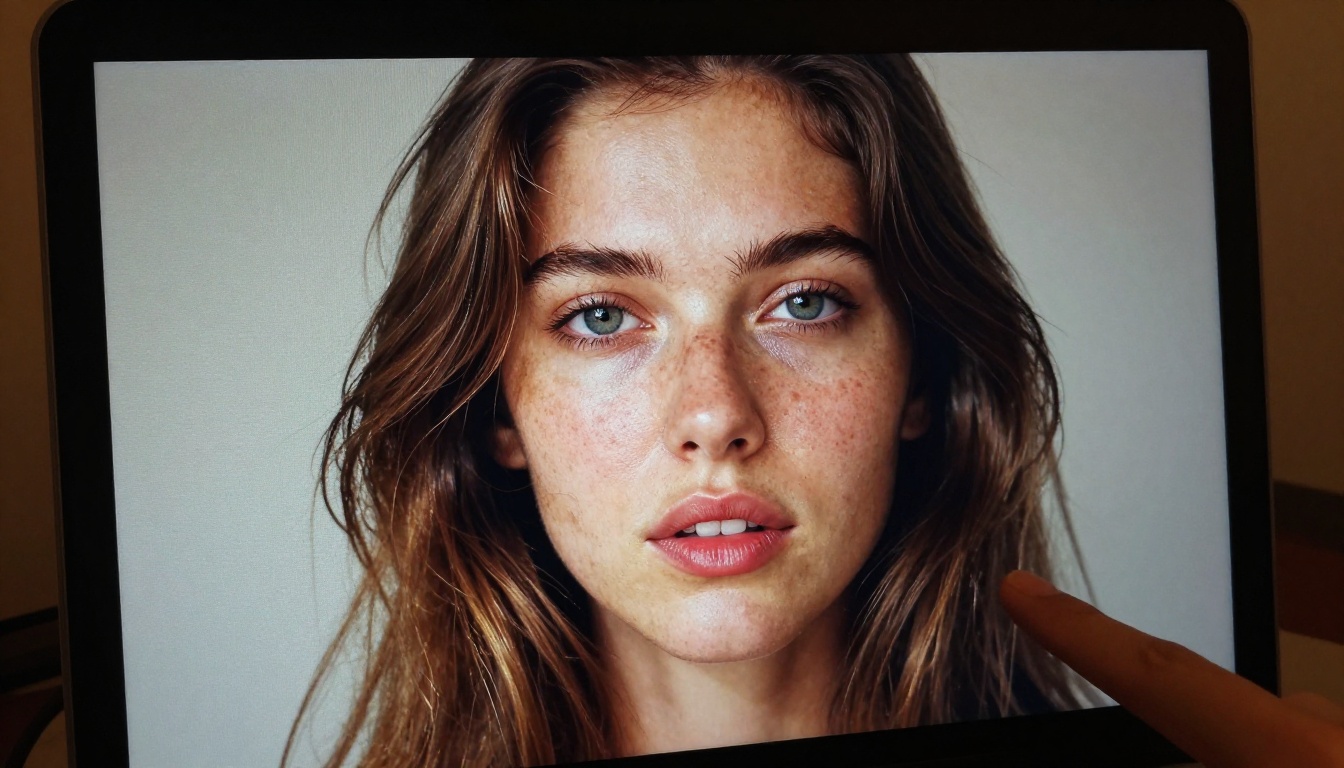 Extreme close-up of an AI-generated portrait displayed on a monitor screen showing fine skin detail