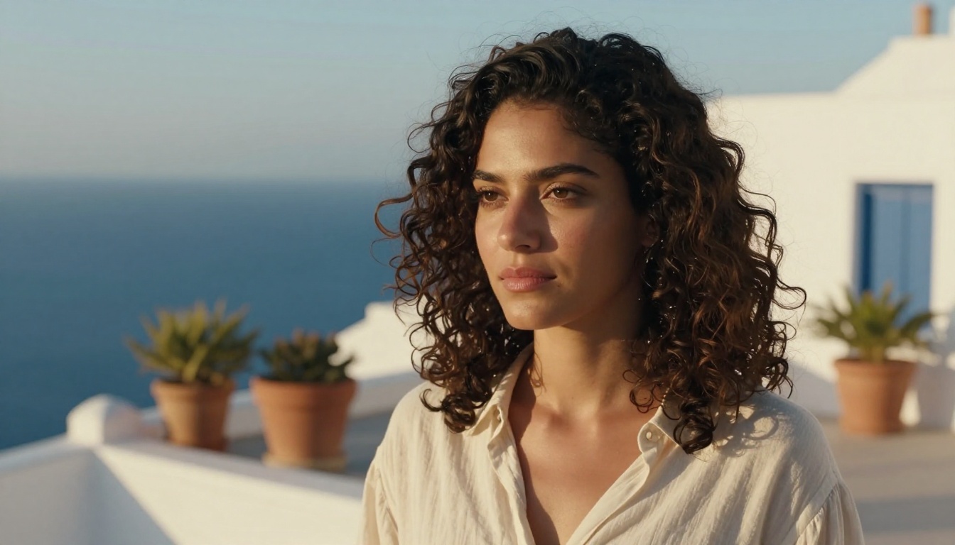 A close-up portrait of a woman with curly dark hair on a sun-drenched Mediterranean rooftop with identical facial structure A close-up portrait of a woman with curly dark hair on a sun-drenched Mediterranean rooftop with identical facial structure