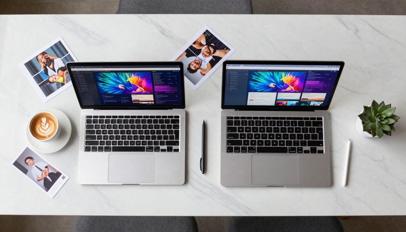 Two open laptops side by side on white marble desk showing colorful AI image generation interfaces Two open laptops side by side on white marble desk showing colorful AI image generation interfaces