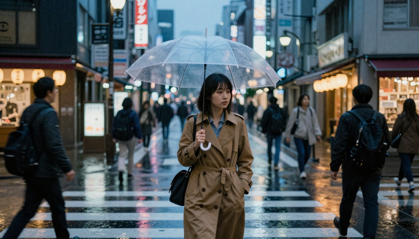 Street photography scene in Tokyo at dusk with rain reflections, 35mm lens, Fujifilm Superia 400 film grain, available light