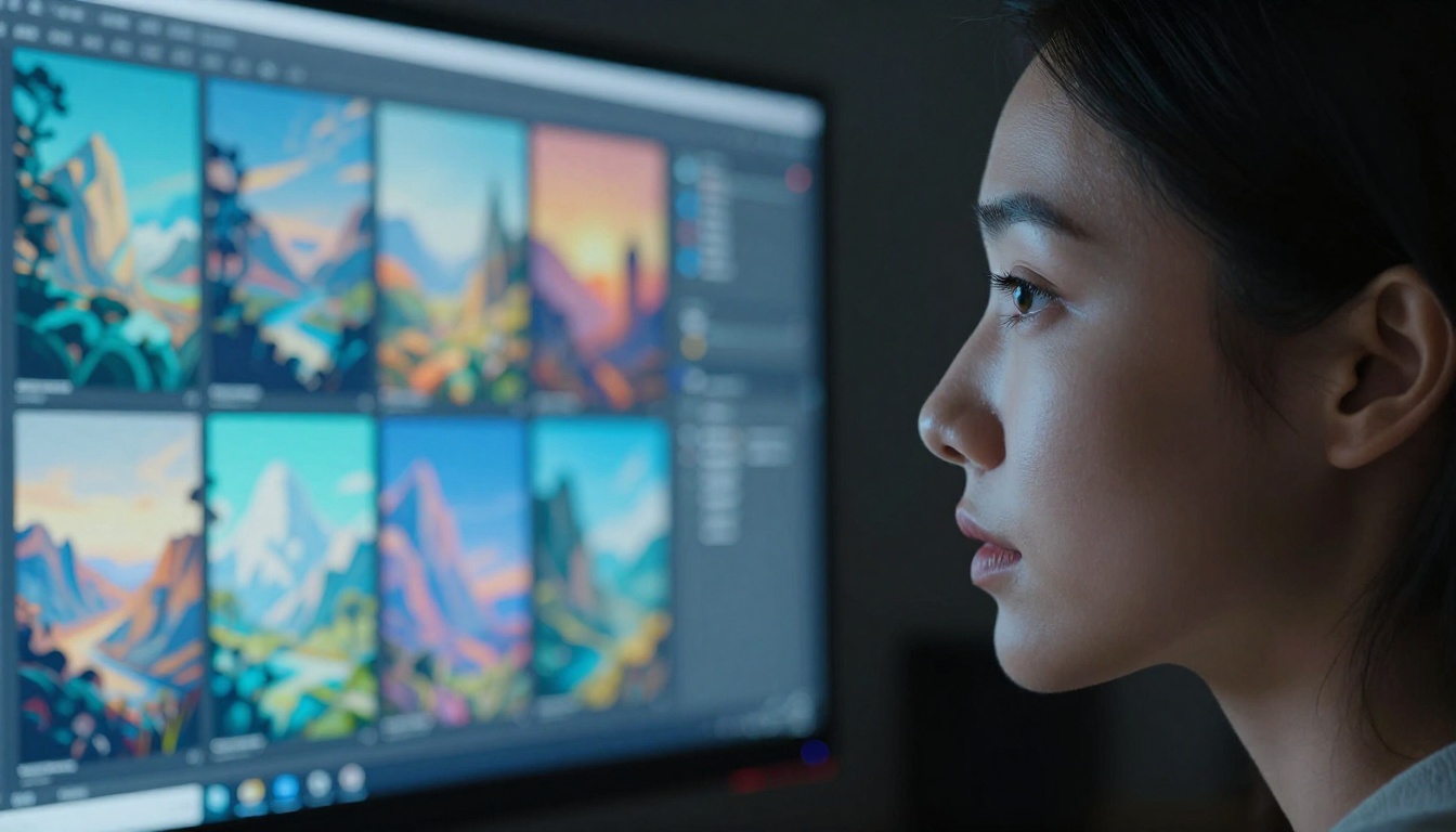 Woman gazing at AI-generated artwork on monitor, blue screen glow