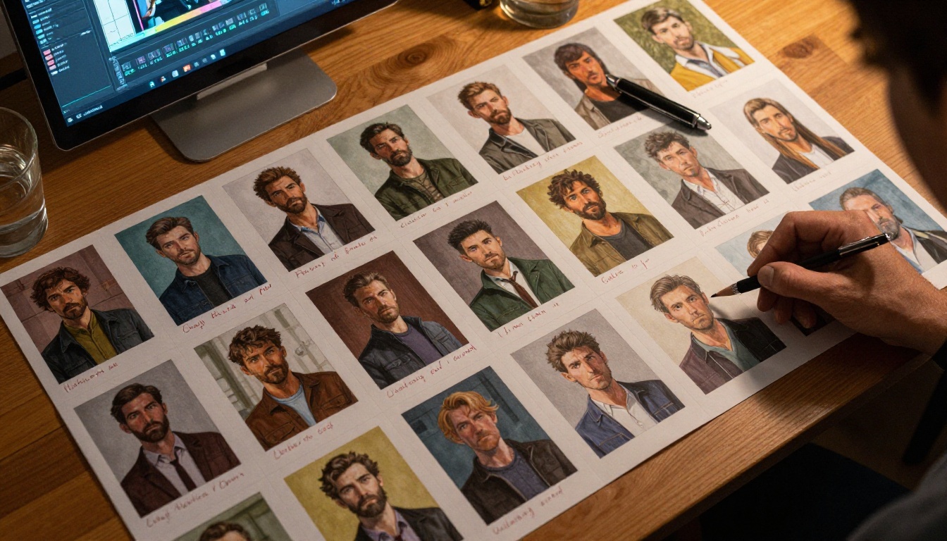 An art director's desk with storyboard panels showing the same character across different scene settings with handwritten annotations