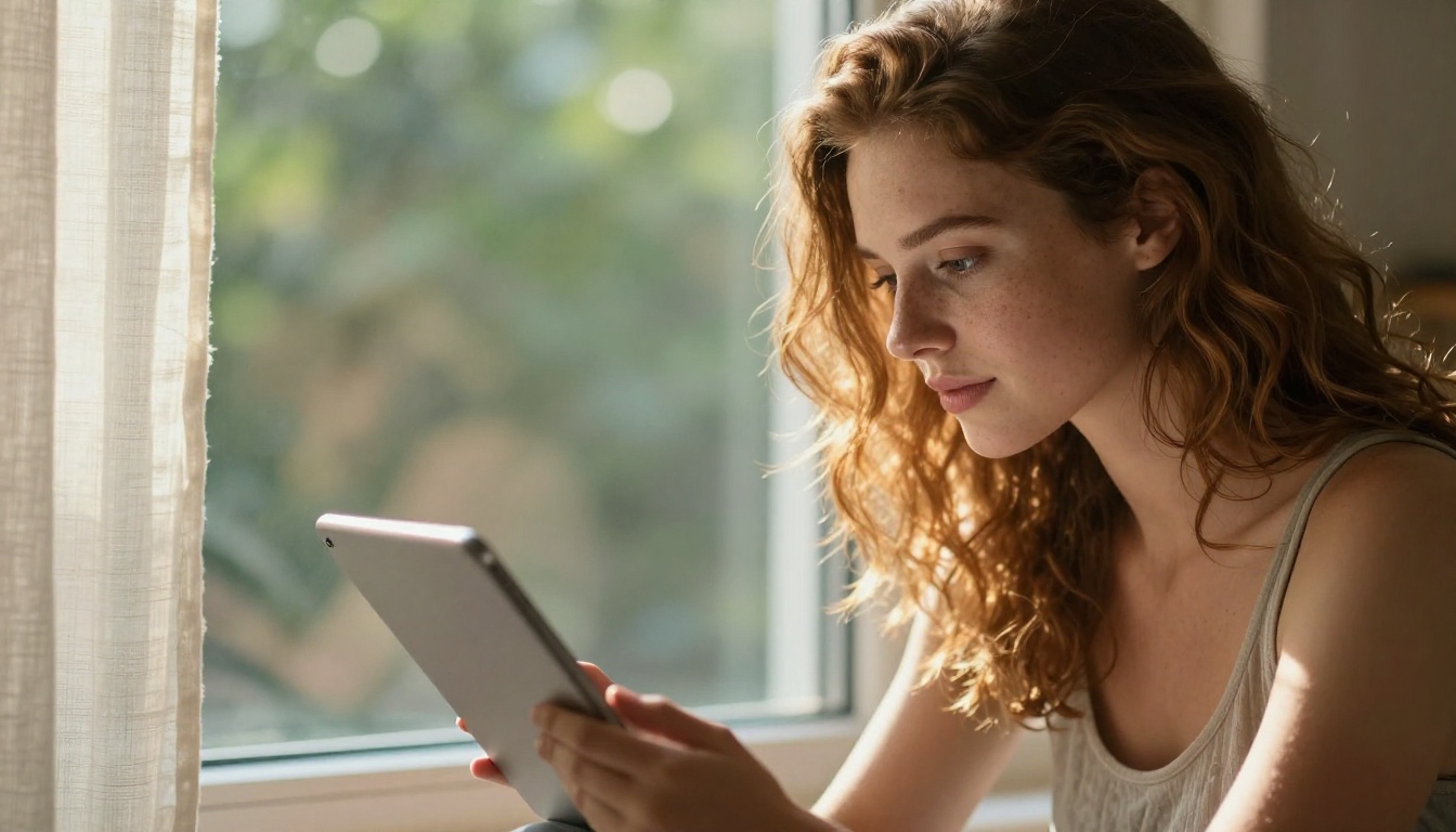 Attractive young woman with auburn hair reviewing digital photos on tablet by sunny window