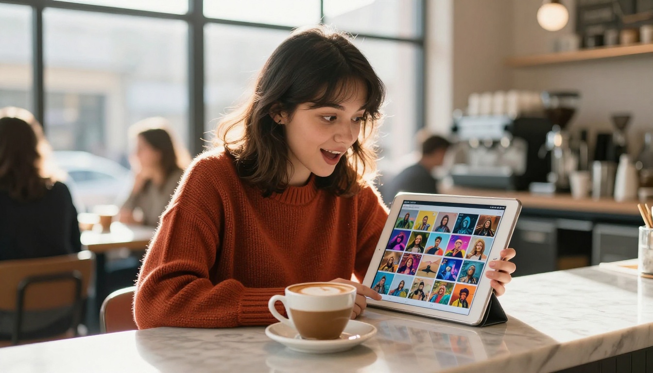 Young woman at a bright modern cafe holding a tablet displaying a grid of AI-generated images