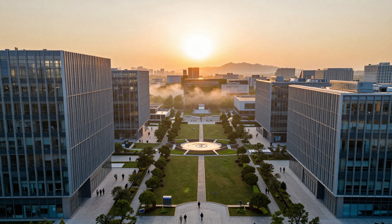 Aerial shot of a modern tech campus at dawn with long orange shadows across glass buildings