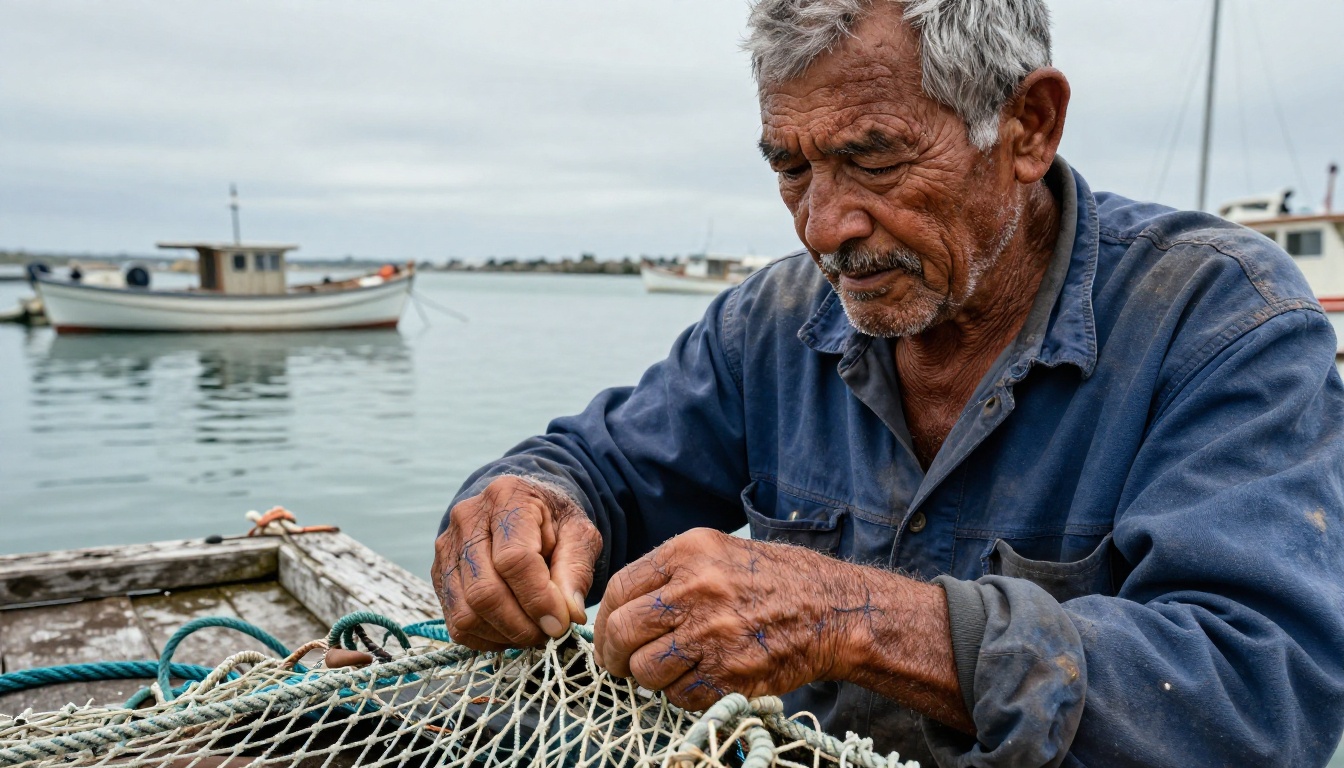 Environmental documentary portrait of a weathered fisherman repairing nets on a harbor dock, 50mm f/2 lens, overcast coastal light, desaturated coastal palette