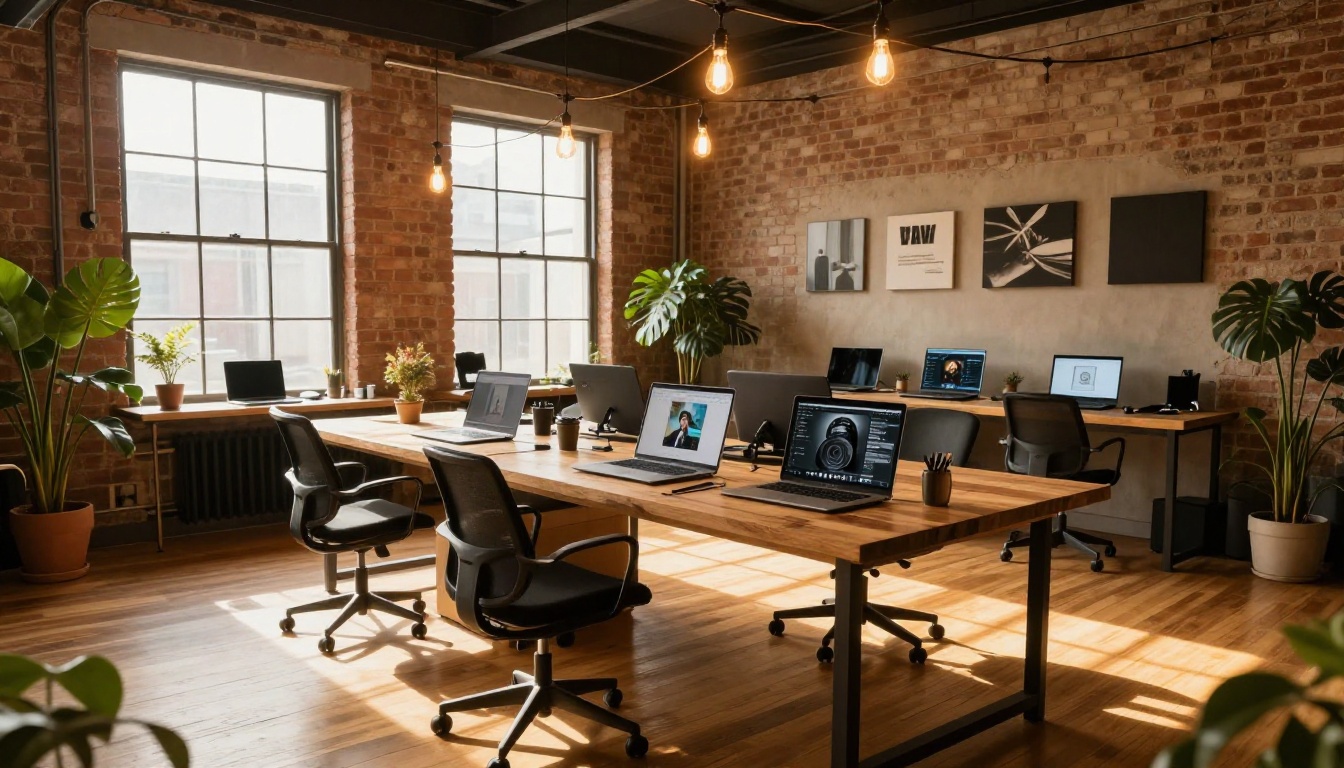Creative studio interior with multiple laptops showing AI outputs