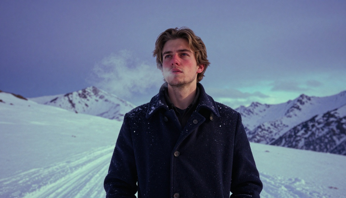 A young man with sandy brown hair in a snowy mountain pass at blue hour, consistent facial features across lighting conditions A young man with sandy brown hair in a snowy mountain pass at blue hour, consistent facial features across lighting conditions