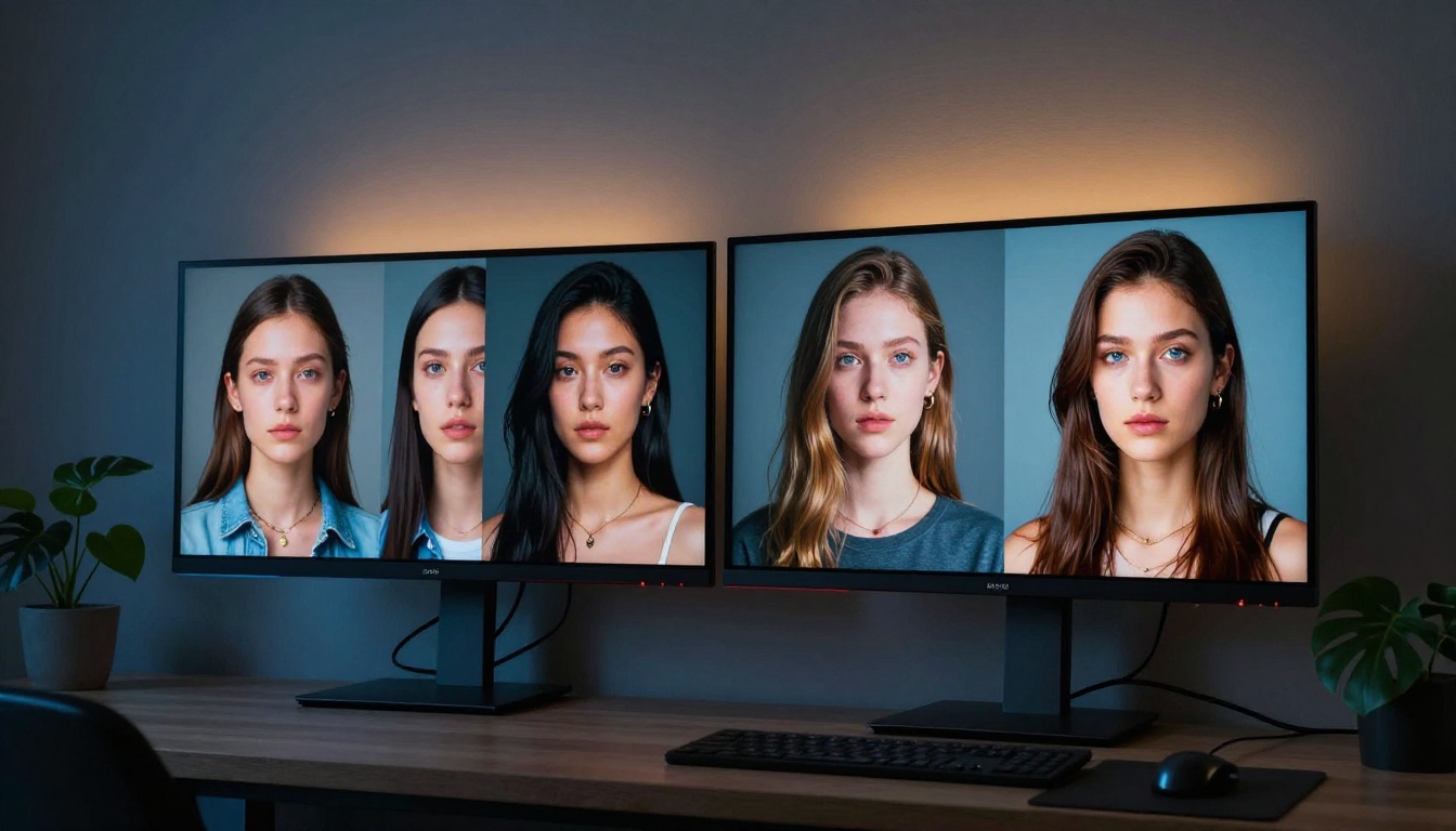 Low-angle view of dual monitors in dark creative studio displaying AI-generated portrait comparison