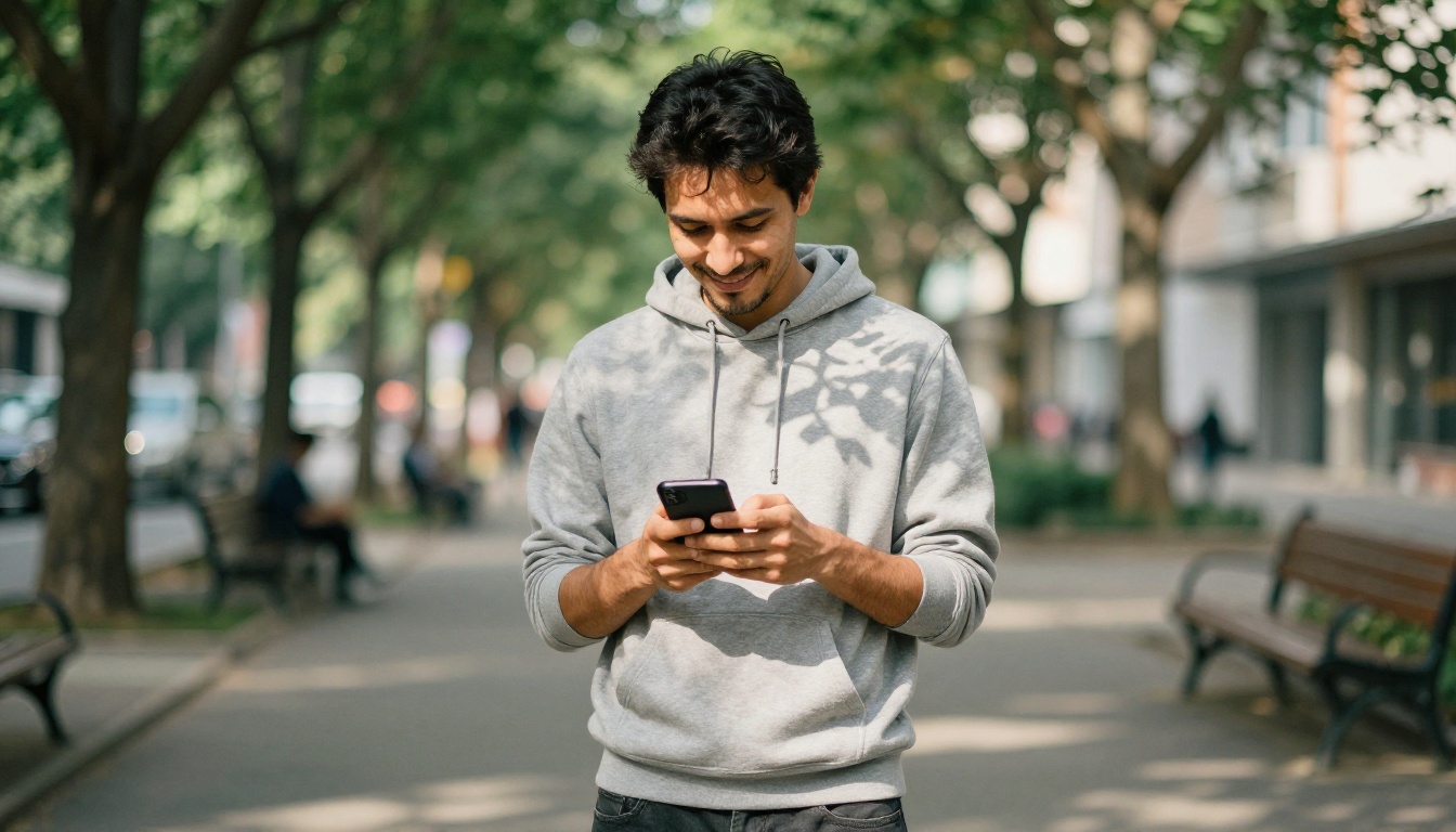 Man in park with phone enjoying sunny day