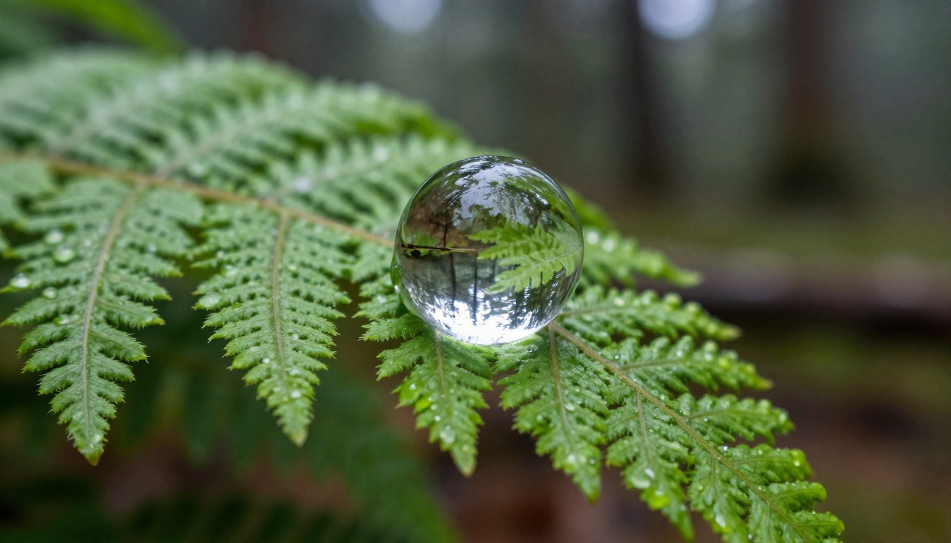 Macro nature photograph of a morning dew droplet on a fern frond refracting the forest behind, 100mm macro lens, soft overcast forest light, Kodak Ektar 100