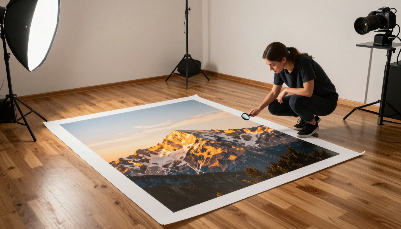 Woman in a professional studio crouching to examine a large format AI-generated landscape print Woman in a professional studio crouching to examine a large format AI-generated landscape print