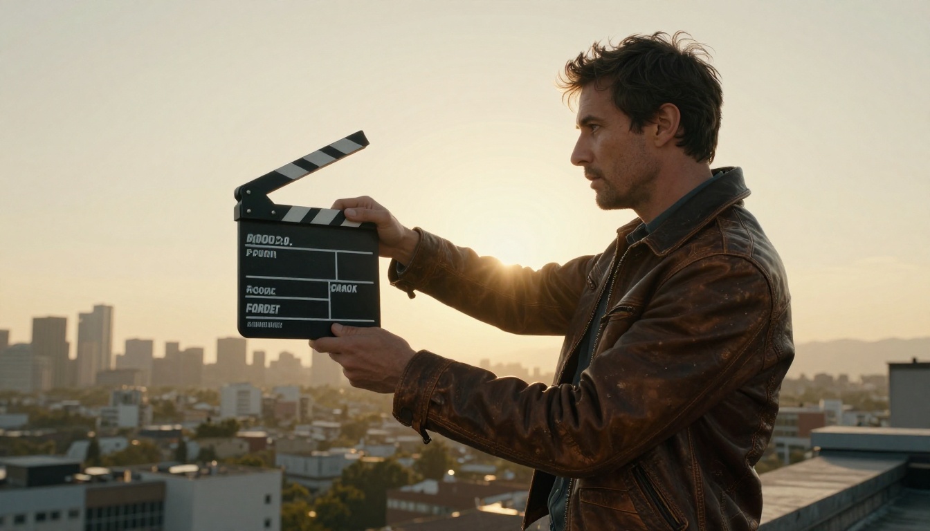Low-angle shot of a filmmaker on a rooftop at golden hour holding a clapperboard