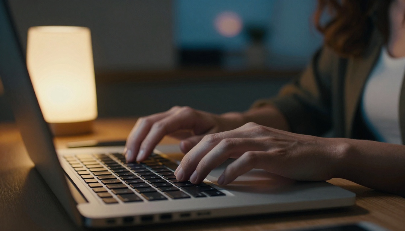 Hands typing on laptop keyboard at blue hour with desk lamp