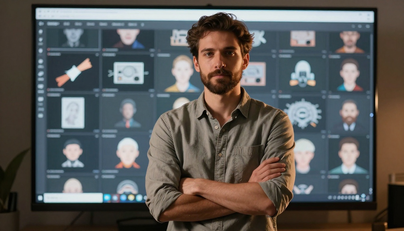 Male creative professional standing confidently in front of monitor showing AI image comparison Male creative professional standing confidently in front of monitor showing AI image comparison