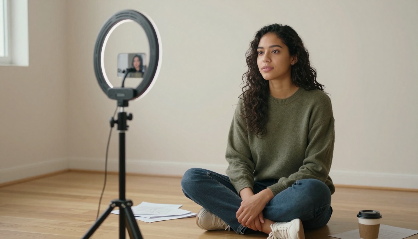 A content creator in a minimalist studio setting recording video, with consistent visual identity reflected across multiple screens A content creator in a minimalist studio setting recording video, with consistent visual identity reflected across multiple screens