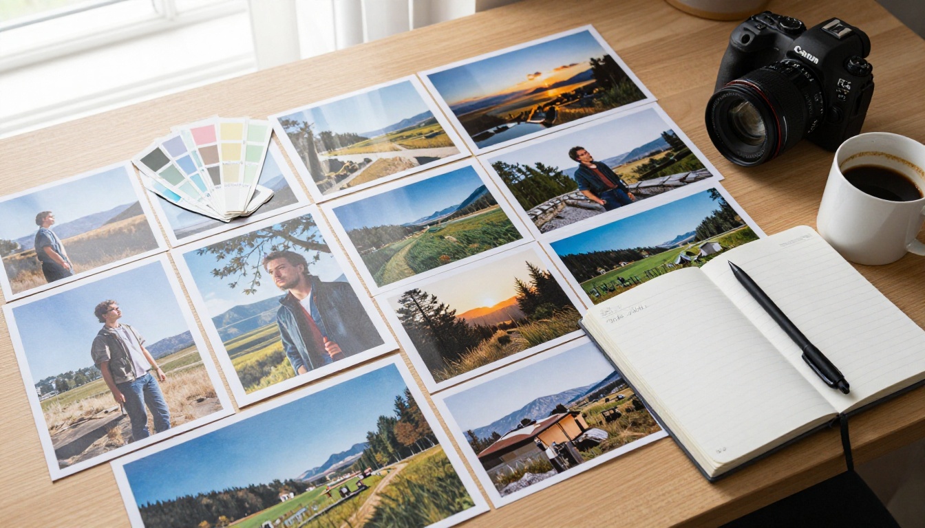 Top-down flat lay of a creative workspace with scattered printed AI-generated images and color swatches