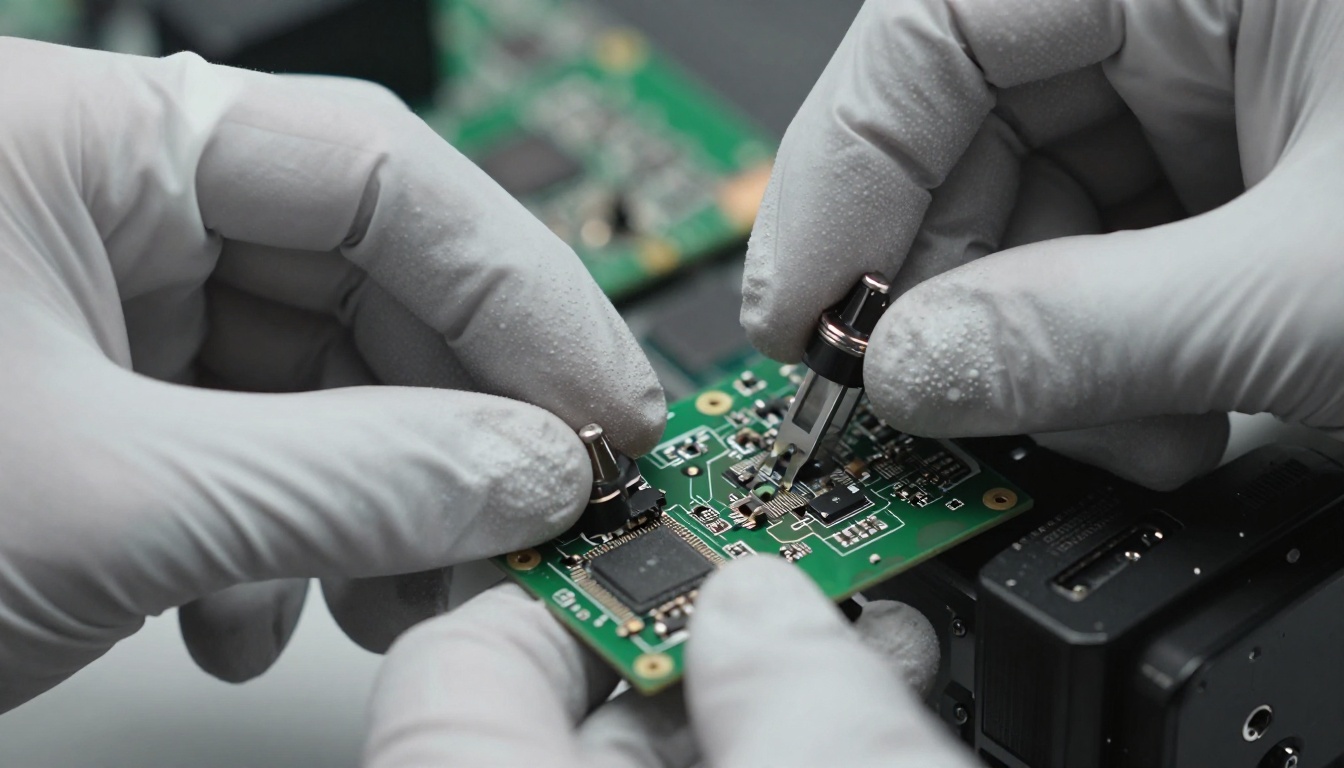 Macro close-up of a technician inserting a camera module into a cinema camera body
