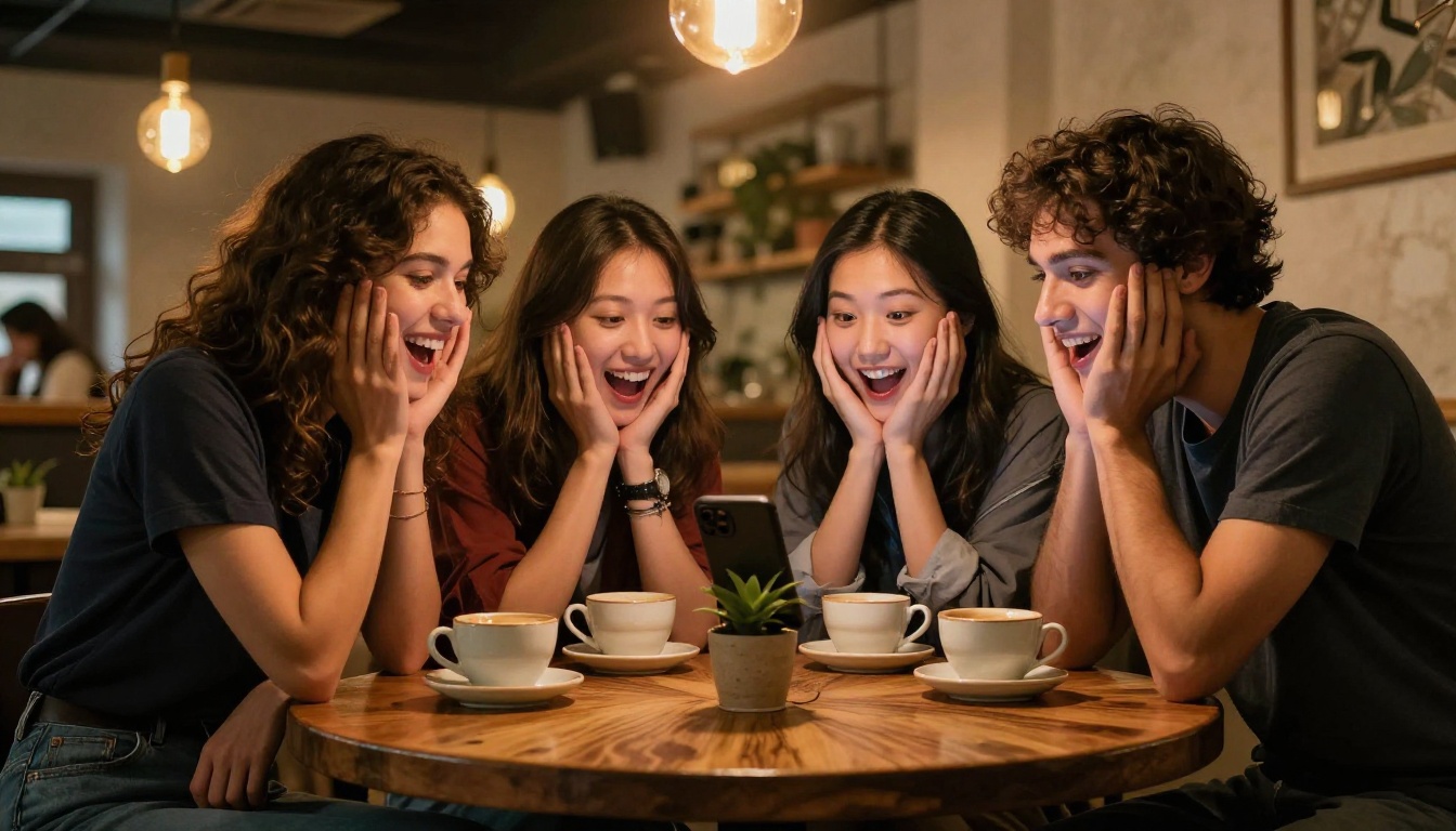 Friends laughing together at cafe table looking at phone