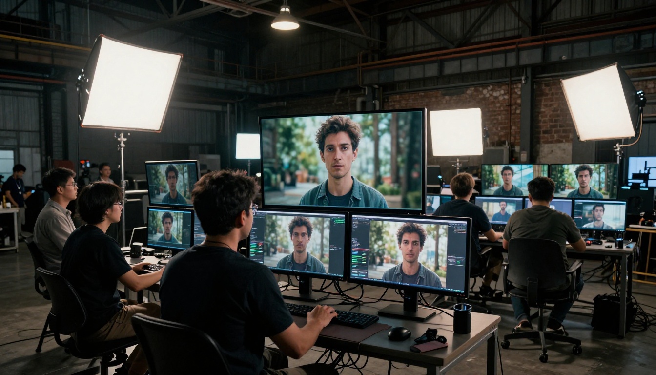 A professional film production set showing multiple monitors with AI-generated character consistency across different environments A professional film production set showing multiple monitors with AI-generated character consistency across different environments