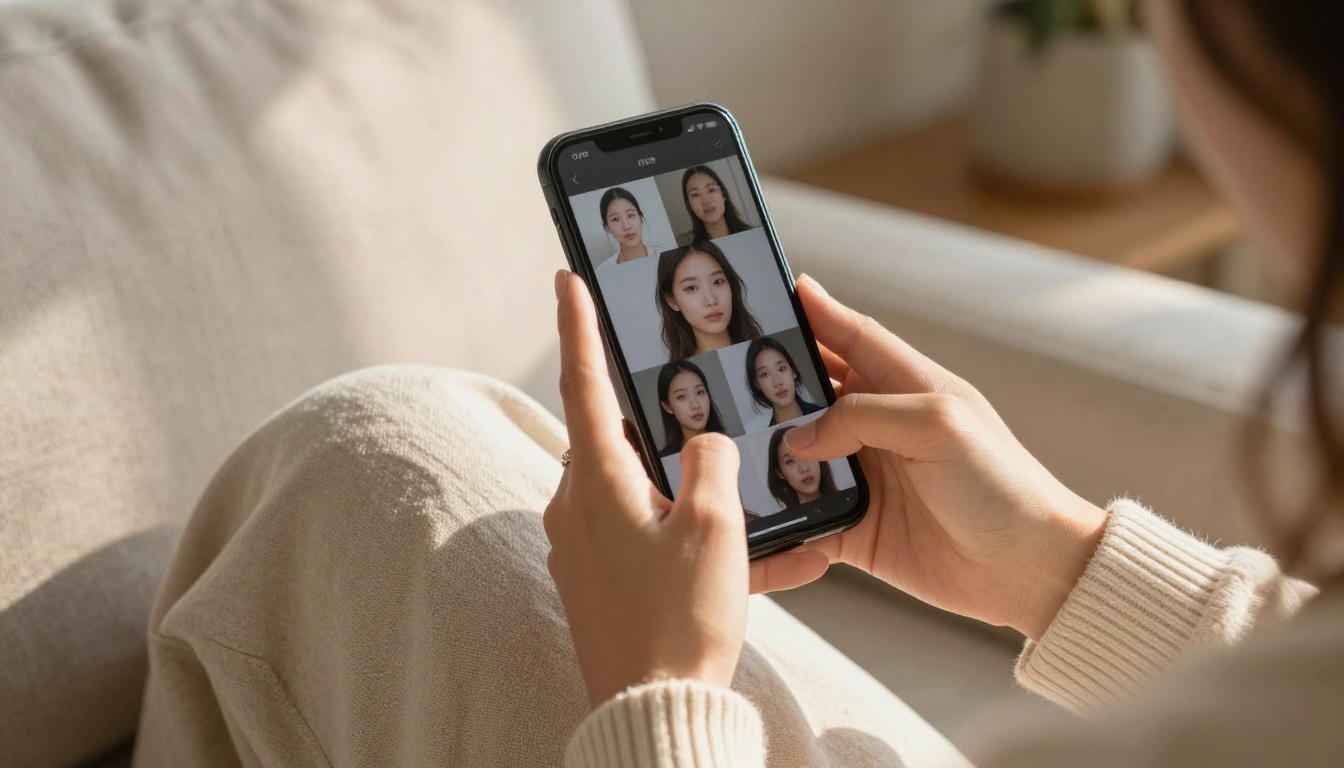 Woman on sofa holding smartphone with AI portrait gallery