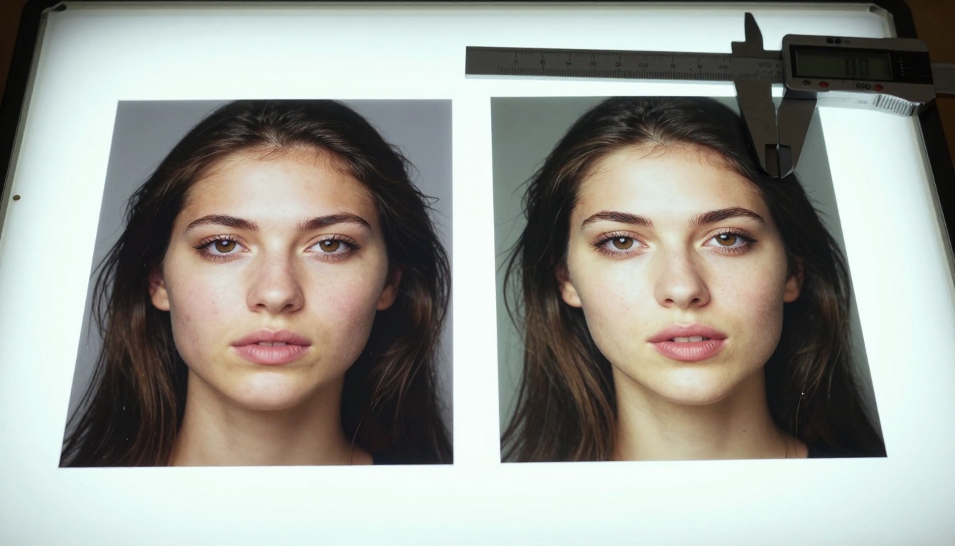 Macro view of two printed AI photographs on a light table showing visible differences in rendering between the two models Macro view of two printed AI photographs on a light table showing visible differences in rendering between the two models
