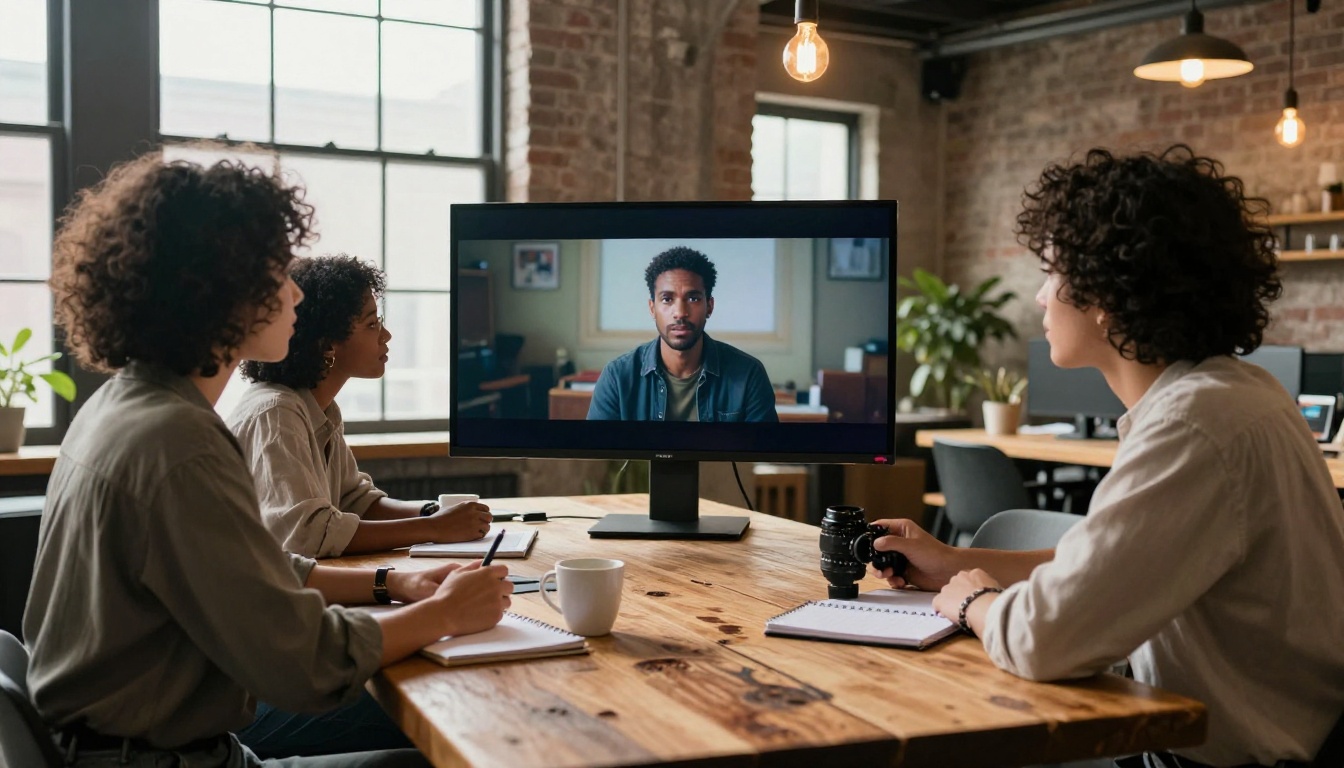 Three content creators reviewing cinematic footage on a large curved monitor in a co-working space