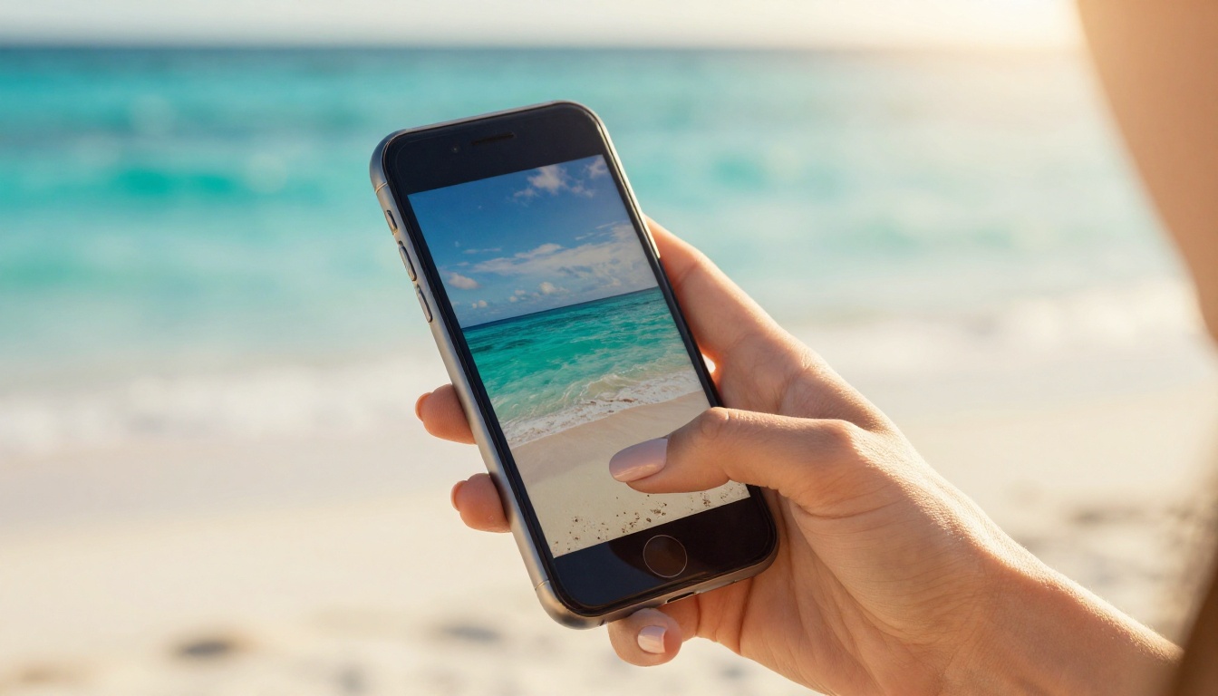 Elegant hand holding phone at tropical beach with golden light