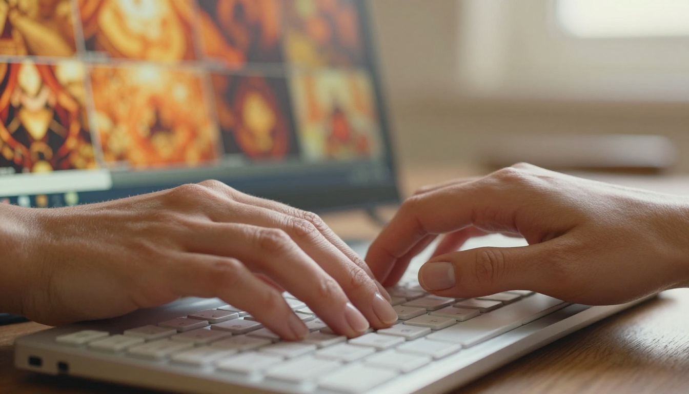 Close-up of hands typing on keyboard with AI image thumbnails visible on screen in background Close-up of hands typing on keyboard with AI image thumbnails visible on screen in background