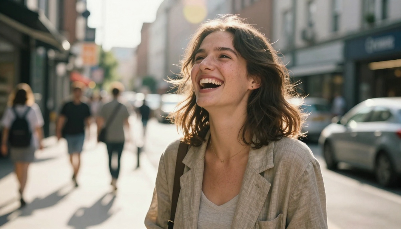 Woman laughing on city street, candid golden-hour street photography