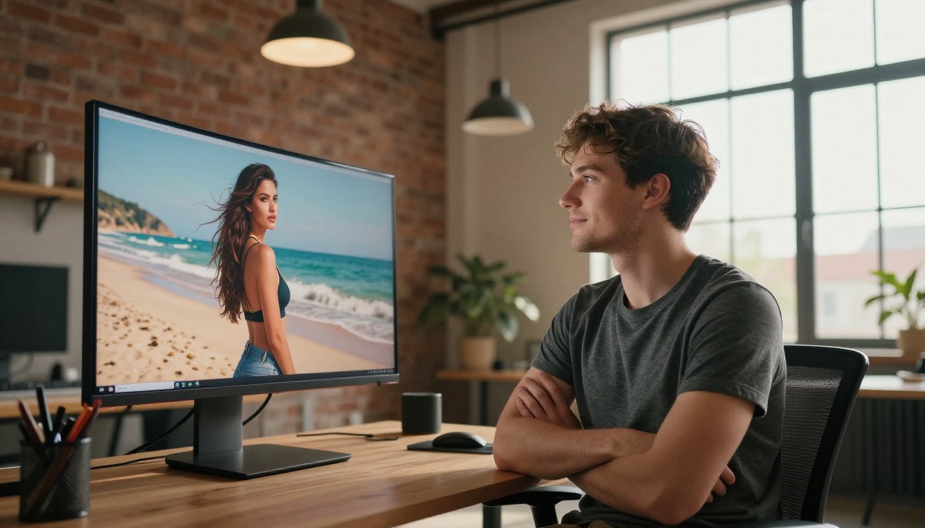 Young creative professional man sitting at a standing desk looking satisfied at a curved monitor displaying an AI-generated image Young creative professional man sitting at a standing desk looking satisfied at a curved monitor displaying an AI-generated image