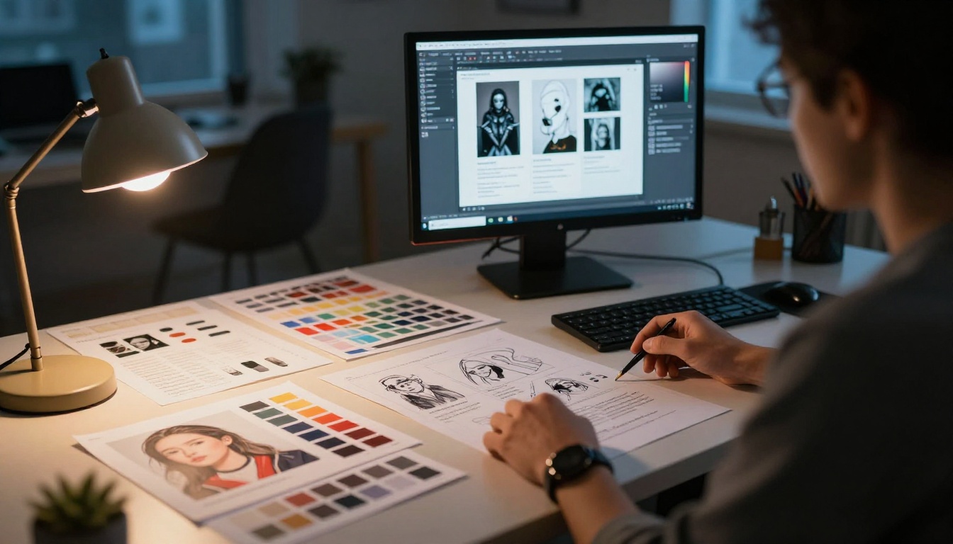 Creative professional over-shoulder shot at desk with mood boards and widescreen monitor