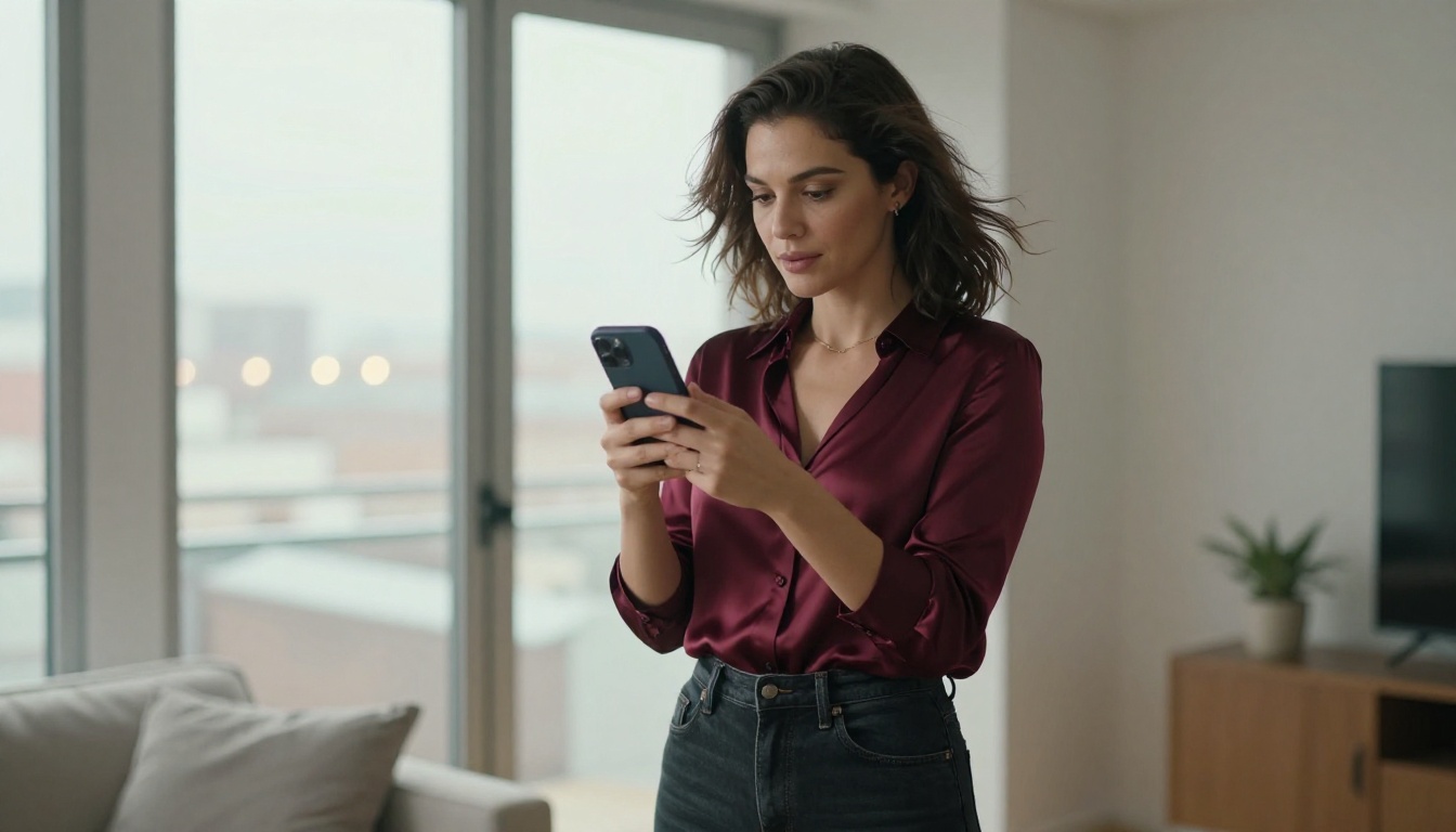 Attractive woman in burgundy blouse recording herself with a smartphone in a modern apartment Attractive woman in burgundy blouse recording herself with a smartphone in a modern apartment