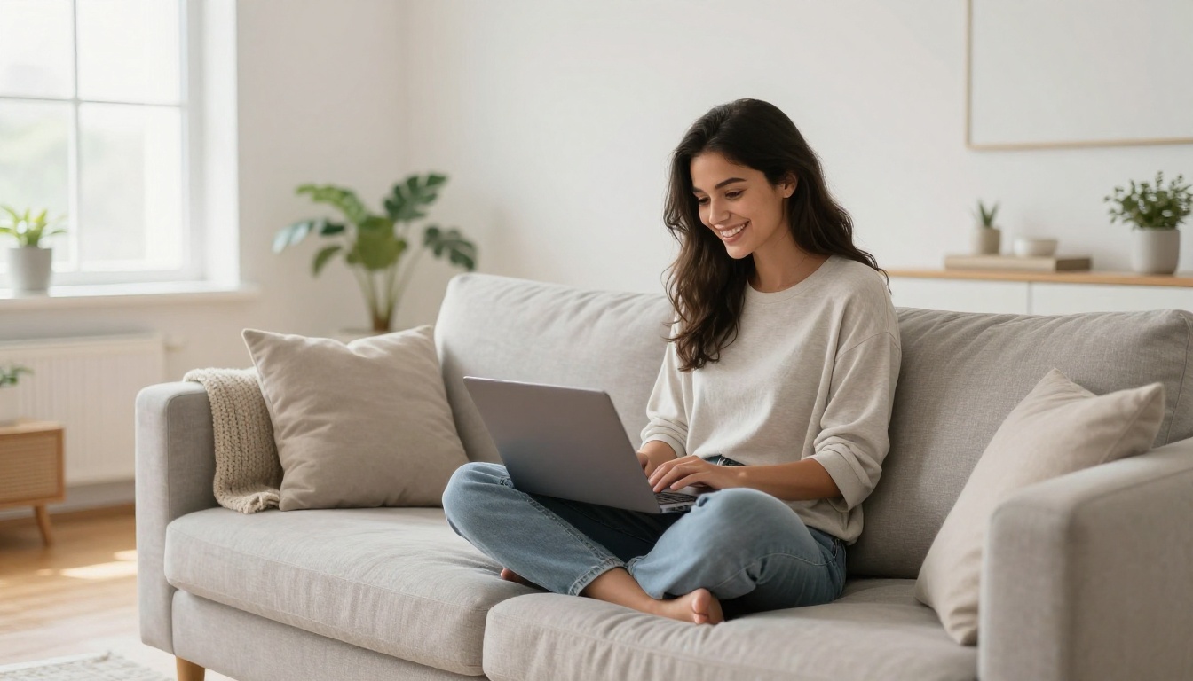 Stylish young woman with dark hair sitting on sofa with laptop smiling at AI art results