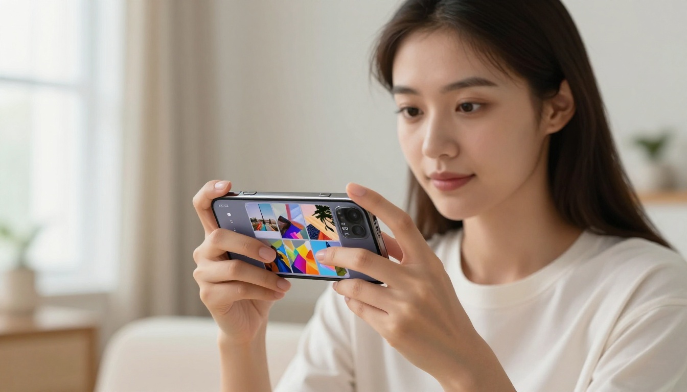 Young woman holding smartphone showing AI image generation results near window Young woman holding smartphone showing AI image generation results near window
