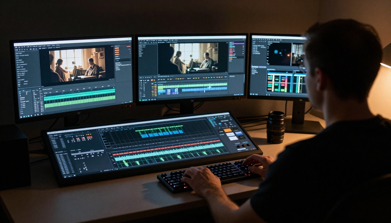 Male video producer at a professional editing workstation with three monitors Male video producer at a professional editing workstation with three monitors