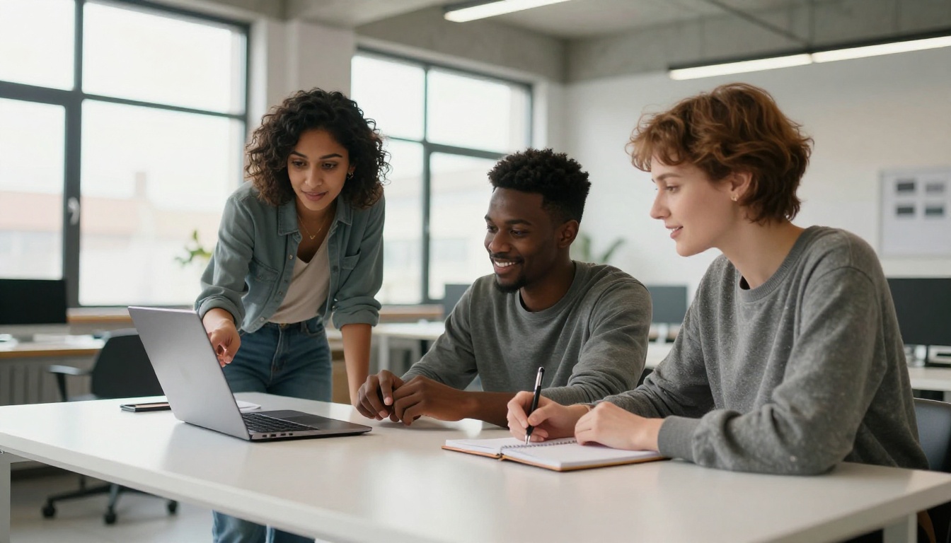 Diverse team of three young content creators gathered around a laptop reviewing AI-generated images Diverse team of three young content creators gathered around a laptop reviewing AI-generated images