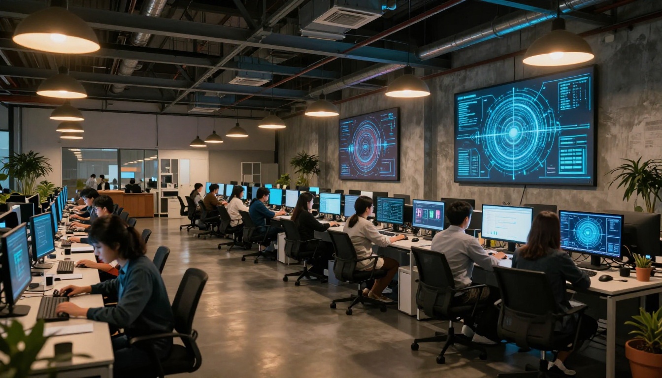 Wide shot of a modern AI research facility with rows of workstations and warm overhead lighting Wide shot of a modern AI research facility with rows of workstations and warm overhead lighting