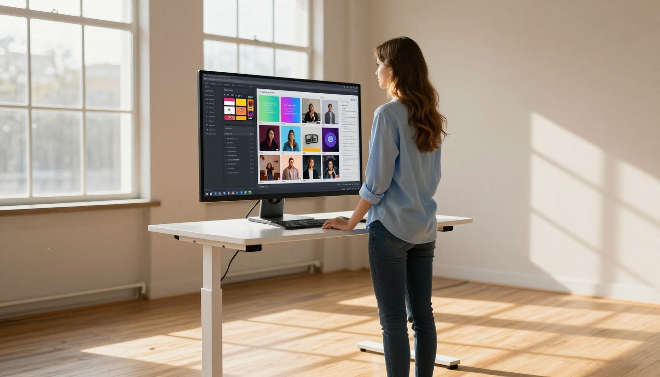 Content creator at standing desk reviewing AI-generated social media content Content creator at standing desk reviewing AI-generated social media content