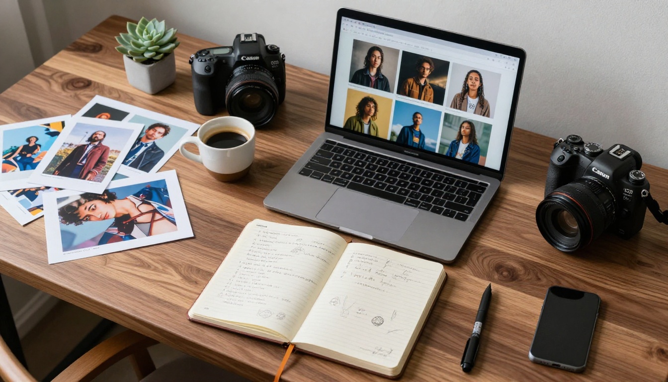 Aerial overhead flat lay of creative workspace with laptop, camera, notebook and coffee Aerial overhead flat lay of creative workspace with laptop, camera, notebook and coffee