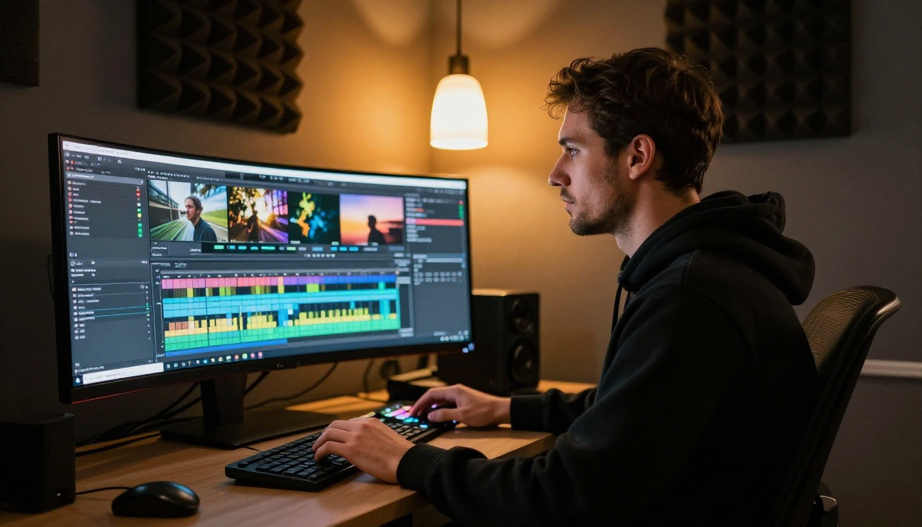 Male content creator in dark video editing suite with widescreen monitor showing timeline Male content creator in dark video editing suite with widescreen monitor showing timeline