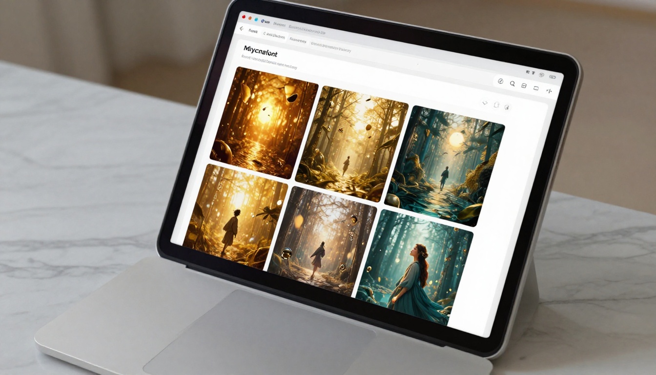 Close-up of laptop screen displaying AI image generation interface with grid of generated images Close-up of laptop screen displaying AI image generation interface with grid of generated images