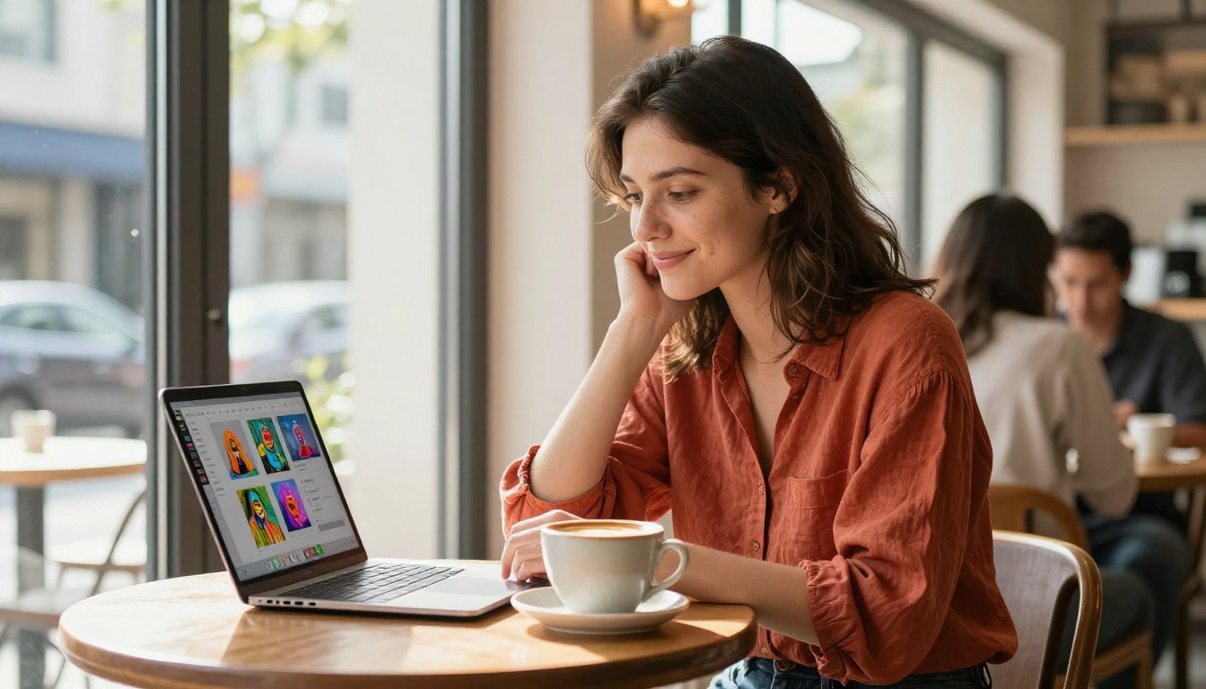 Young woman smiling while using AI image creation interface on laptop in sunlit neighborhood cafe Young woman smiling while using AI image creation interface on laptop in sunlit neighborhood cafe