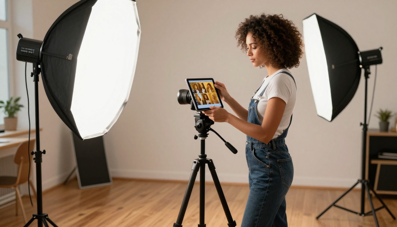 Female photographer with curly hair reviewing AI reference images on iPad in professional studio Female photographer with curly hair reviewing AI reference images on iPad in professional studio